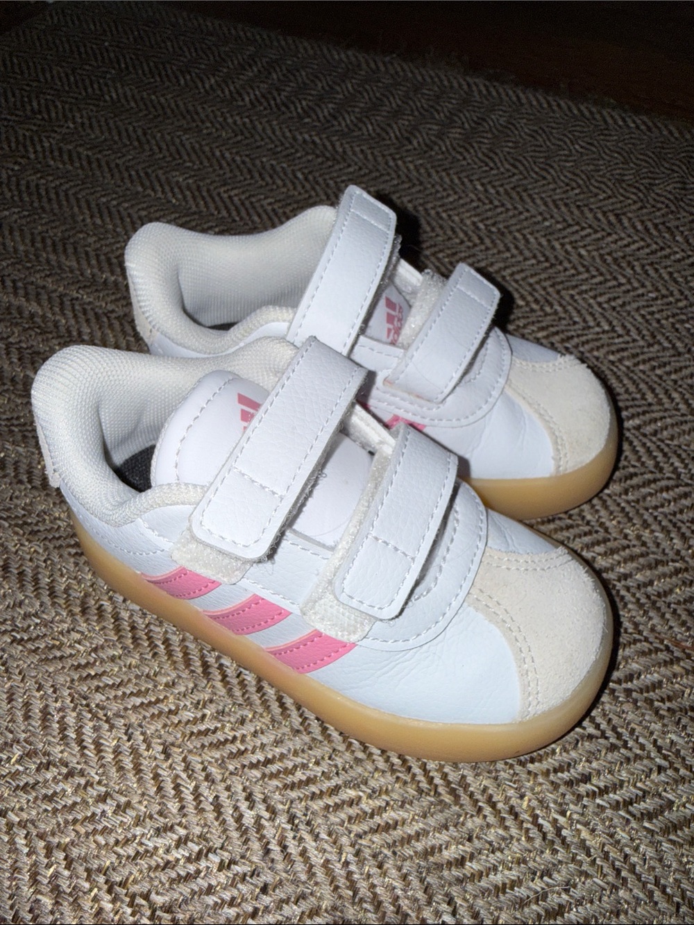 Kids Adidas White and Pink Velcro Sneakers